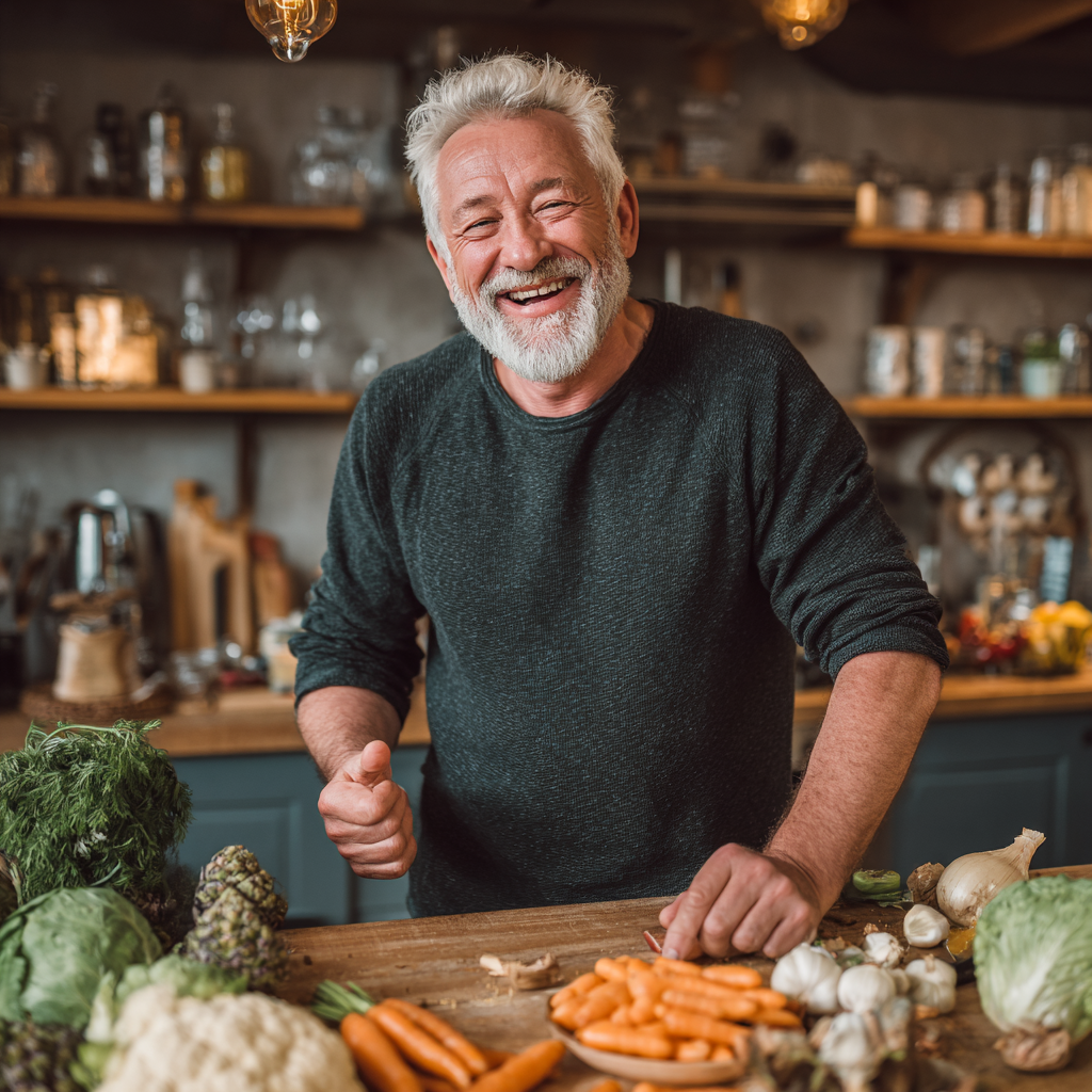 Енергійний чоловік 58 років готує здорову їжу на кухні, демонструє задоволення від процесу