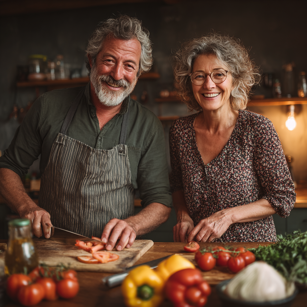 Щаслива подружня пара 52-56 років разом готує здорову страву, посміхаються та насолоджуються процесом