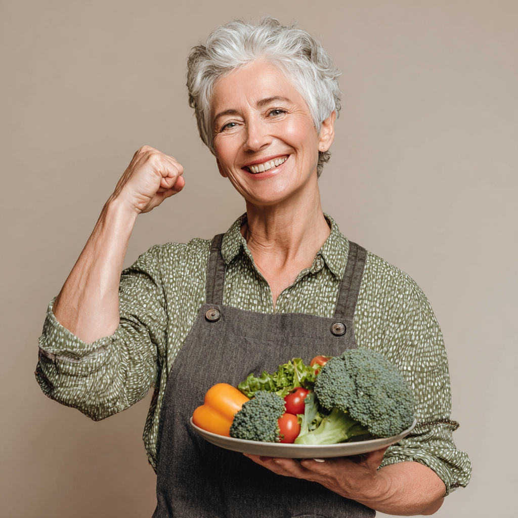 Задоволена жінка 55 років тримає тарілку зі здоровою їжею, посміхається та демонструє енергійність